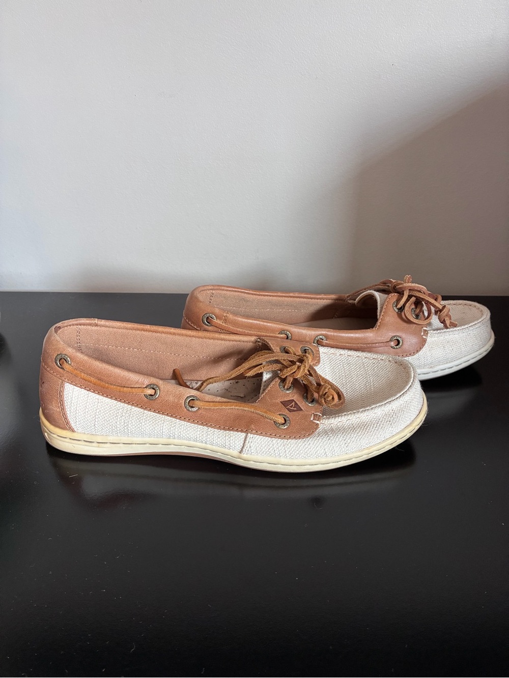 Sperry Canvas and Leather Boat Shoes in Cream and Brown